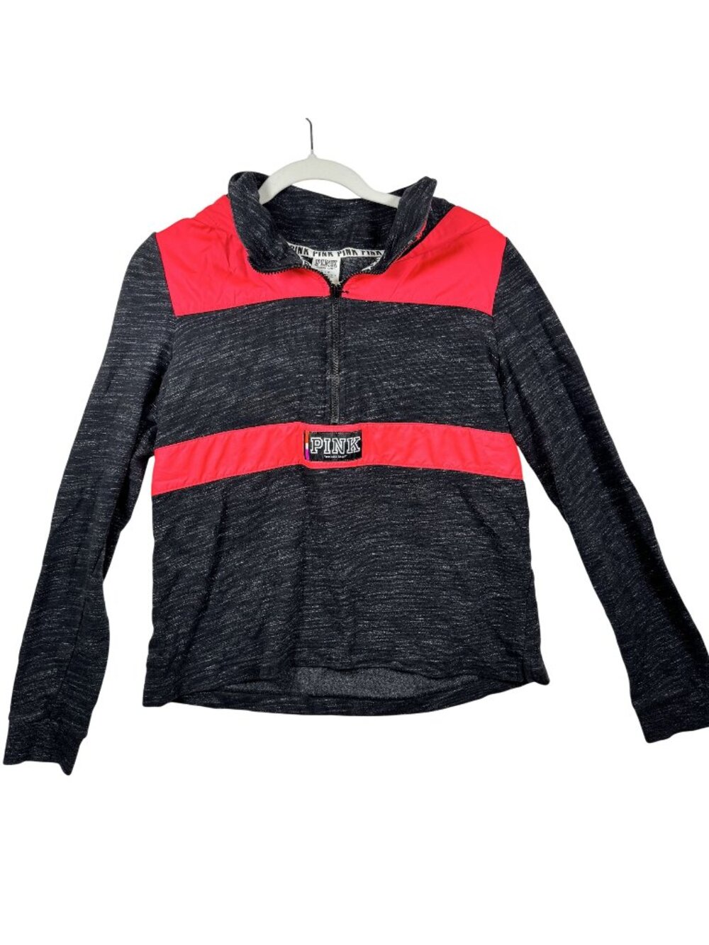 Victorias Secret Pink Womens Hoodie Half-Zip Pullover Black & Pink Logo Size L